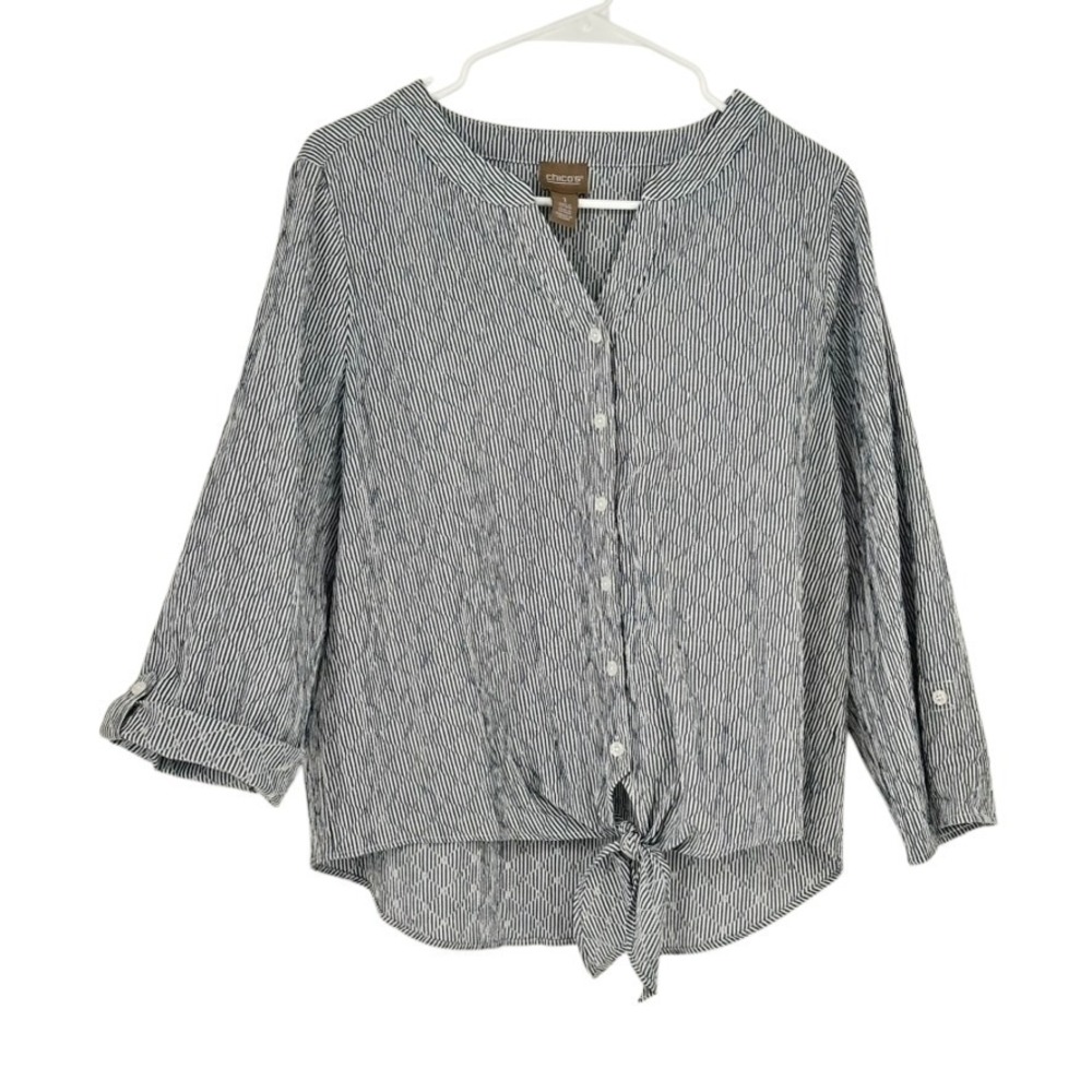 Chico's Tie-Front Blouse Striped Seersucker Button Down Long Sleeve Top SZ 1/M/8